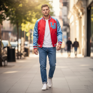 Man wearing a red and blue satin varsity jacket with a letter 'LJ' on a city street.