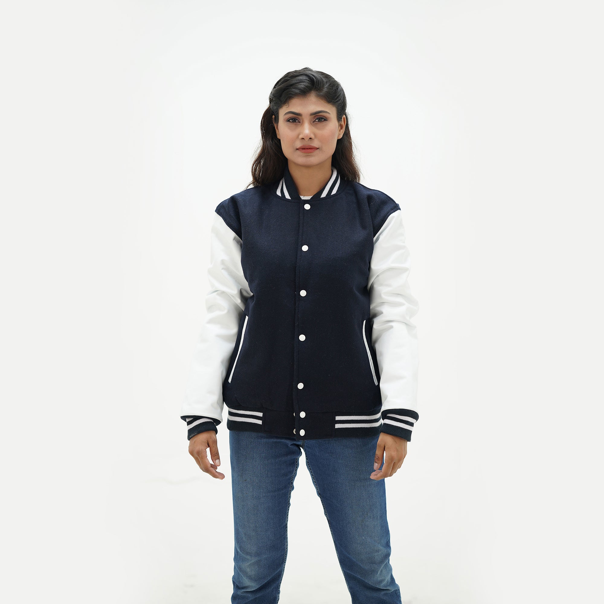 Dark blue letterman jacket women three-quarter view - showcasing sophisticated navy wool body with leather sleeves and coordinating ribbed trim