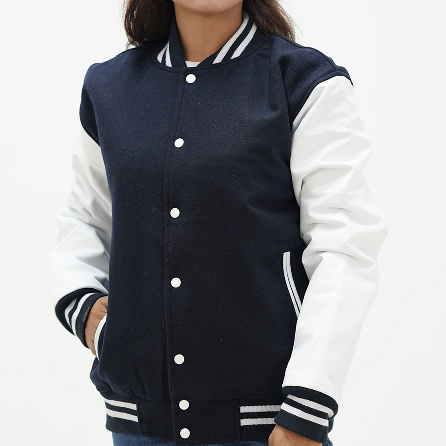 Dark blue Melton wool body women's letterman jacket with leather sleeves - front view showing snap button closure and ribbed collar