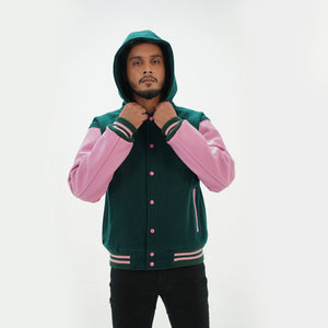 Detailed view of dark green baseball varsity jacket with hood ribbed trim and premium wool leather construction