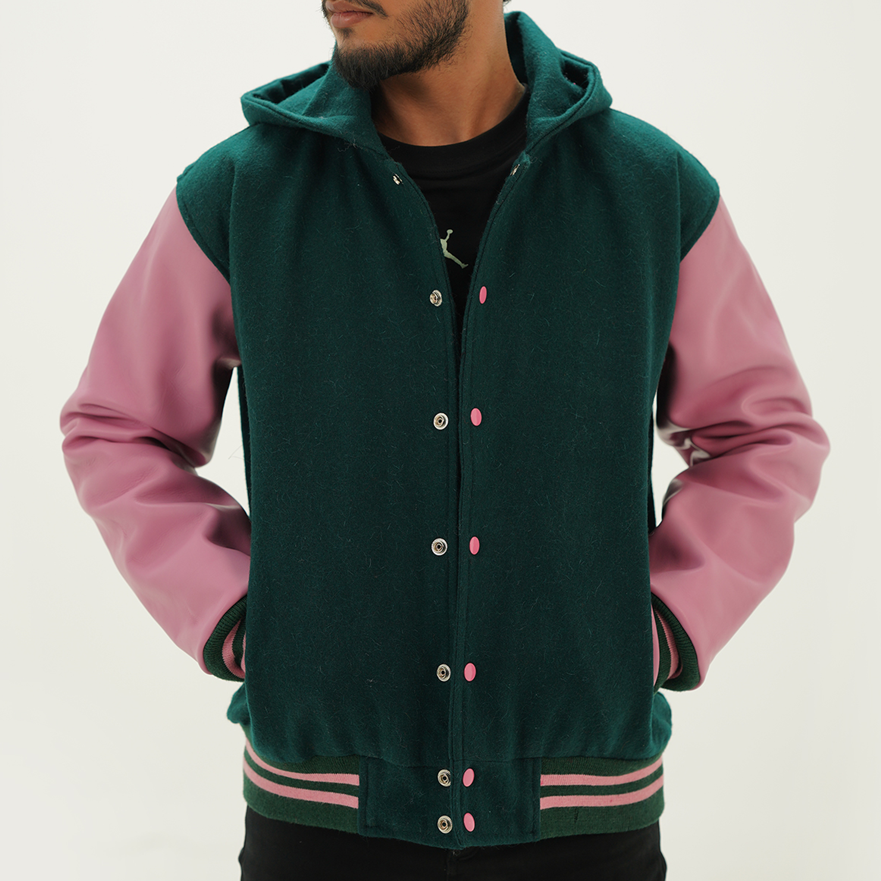 Dark green baseball varsity letterman jacket with hood - premium Melton wool body and genuine cowhide leather arms