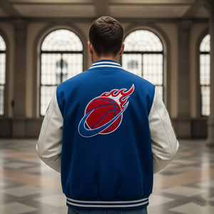 Person wearing a blue letterman jacket with a red and white logo in an indoor setting
