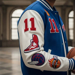 Person wearing a blue and white varsity jacket with red numbers and sports-themed patches, holding a basketball.