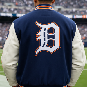 Person wearing a navy blue and beige letterman jacket with a large 'D' logo, standing on a sports field.
