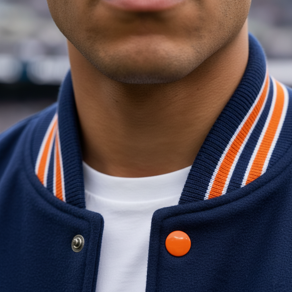 Navy blue varsity jacket with orange and white stripes and a button, worn by a person.