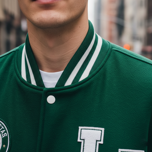 Close-up of a person wearing a green varsity jacket with a blurred cityscape background