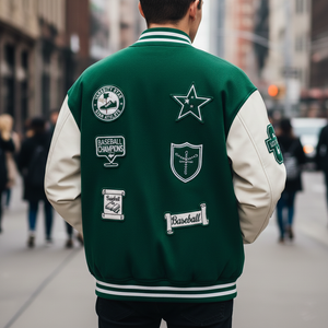 Back view of Erome achievement award letterman jacket displaying varsity patches and embroidered details