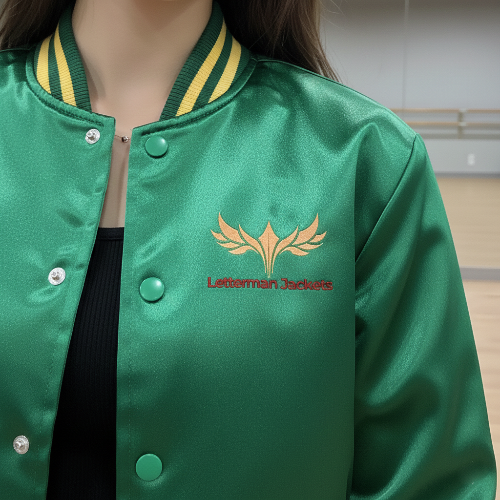 Green letterman jacket with gold emblem and text on a blurred indoor background