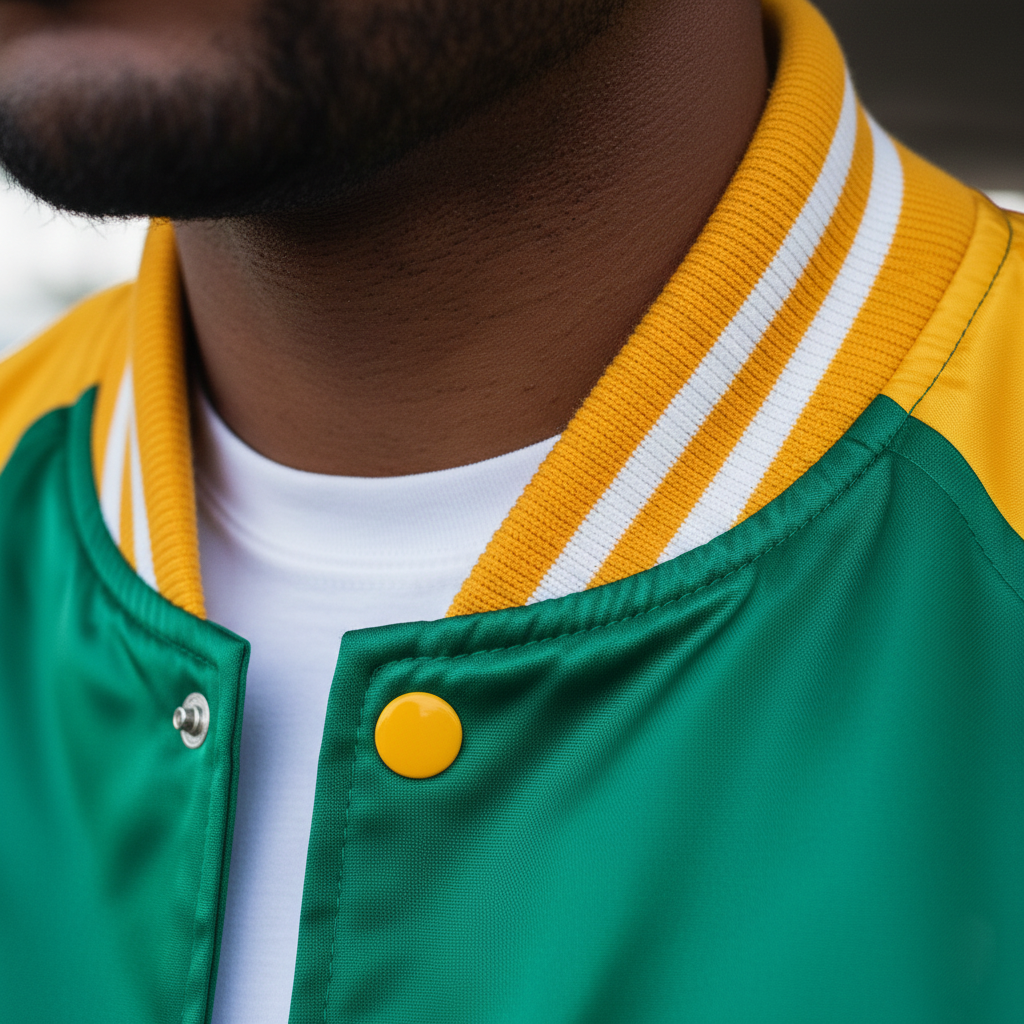 Detailed view of football letterman jacket ribbed trim and snap buttons - durable quality for football fans