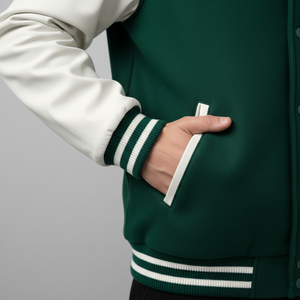 Green varsity jacket with white accents on a gray background