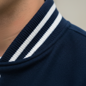 Close-up of a navy blue sweater with white stripes on the collar against a neutral background