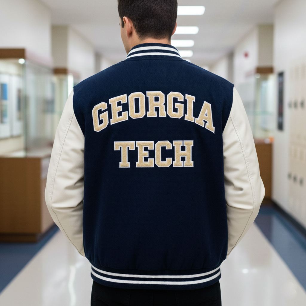Person wearing a Georgia Tech letterman jacket in a hallway