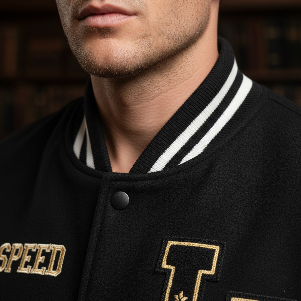 Black varsity jacket with white trim and gold lettering on a blurred background