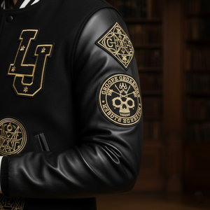 Close-up of Godspeed varsity jacket gold embroidery detail - modern streetwear aesthetics with authentic craftsmanship