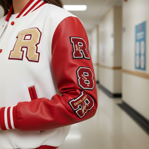 Person wearing a red and white varsity jacket with lettering in a school hallway.