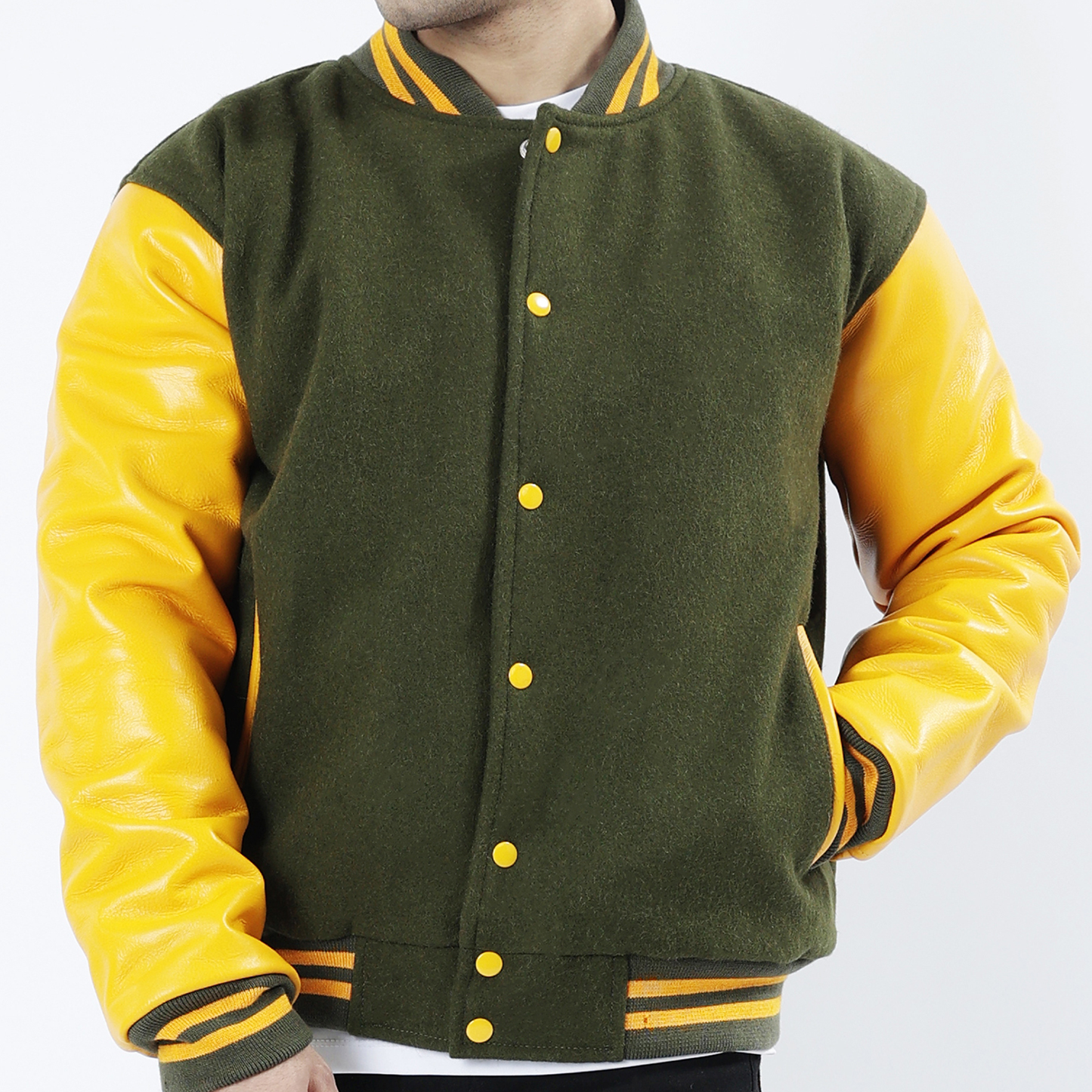 Green And Yellow Letterman Jacket Leather Arms And Wool Body