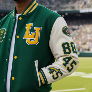 Green and white letterman jacket with 'LJ' and numbers on a sports field background