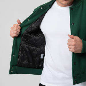 Person wearing a green jacket with a white shirt, showing the quilted black lining.