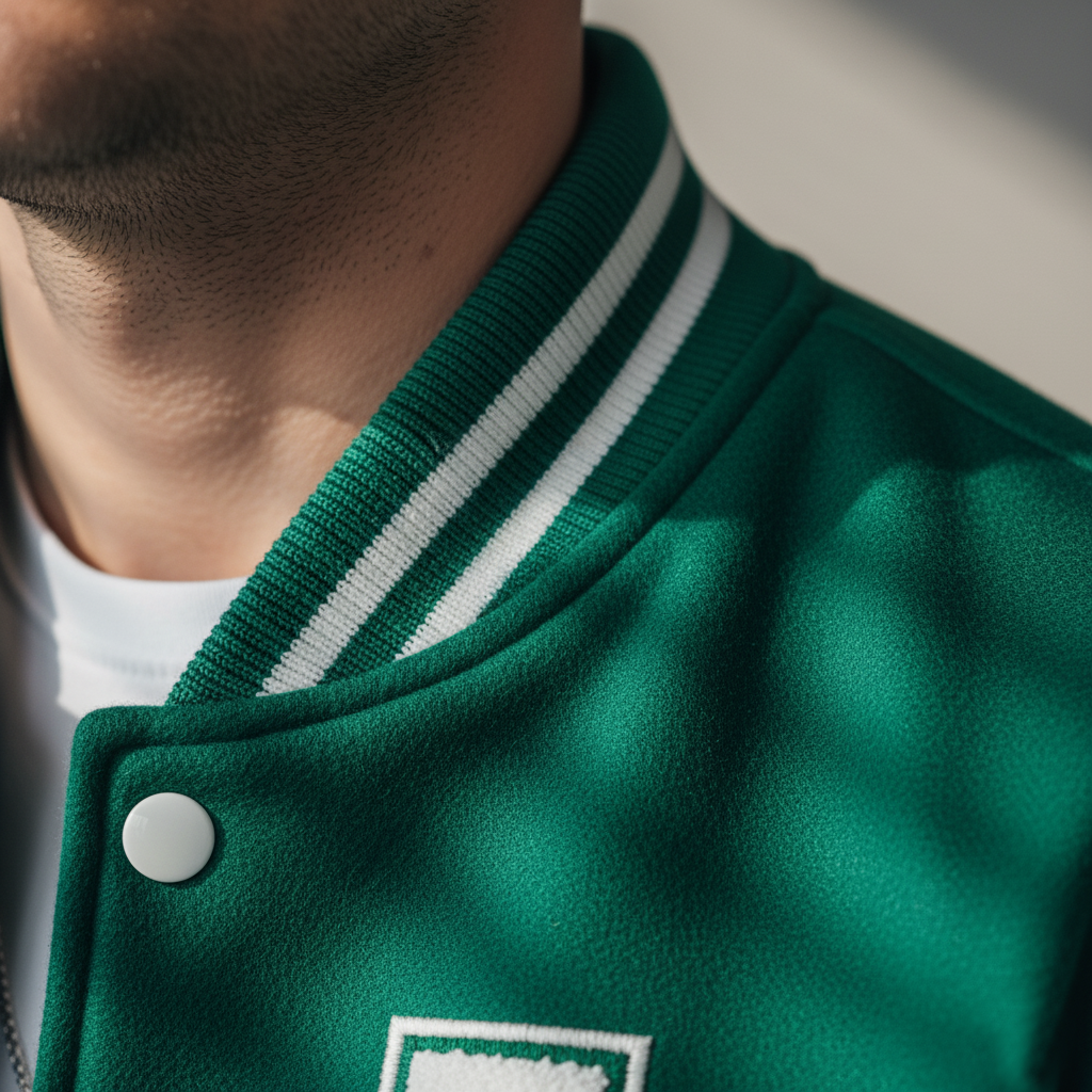 Close-up of a green varsity jacket with white trim and button.