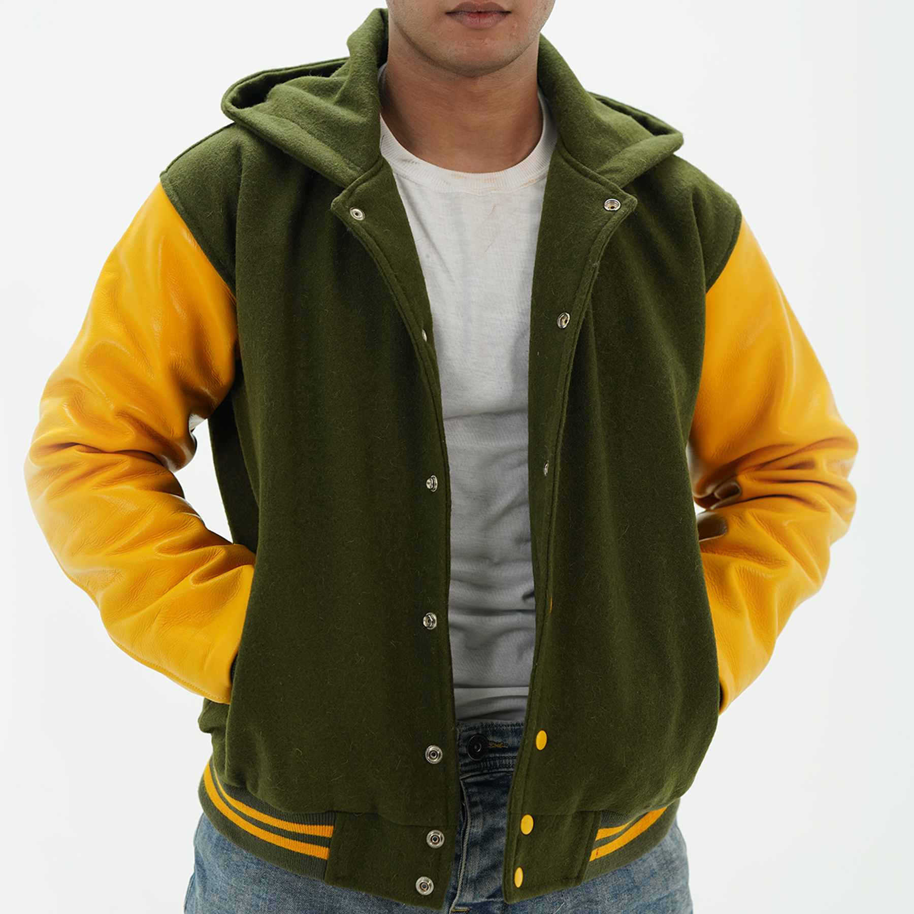 Green and yellow hooded coach jacket with premium Melton wool body and genuine cowhide leather arms - varsity style