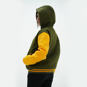Back view of green and yellow hooded varsity jacket displaying wool body construction and white leather sleeves