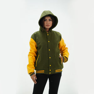 Close-up of adjustable drawstring hood and ribbed collar on green and yellow varsity jacket with leather sleeve detail