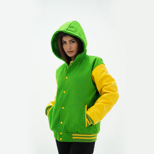 Side profile of kelly green women's varsity hoodie featuring yellow genuine leather raglan sleeves and striped ribbed cuffs