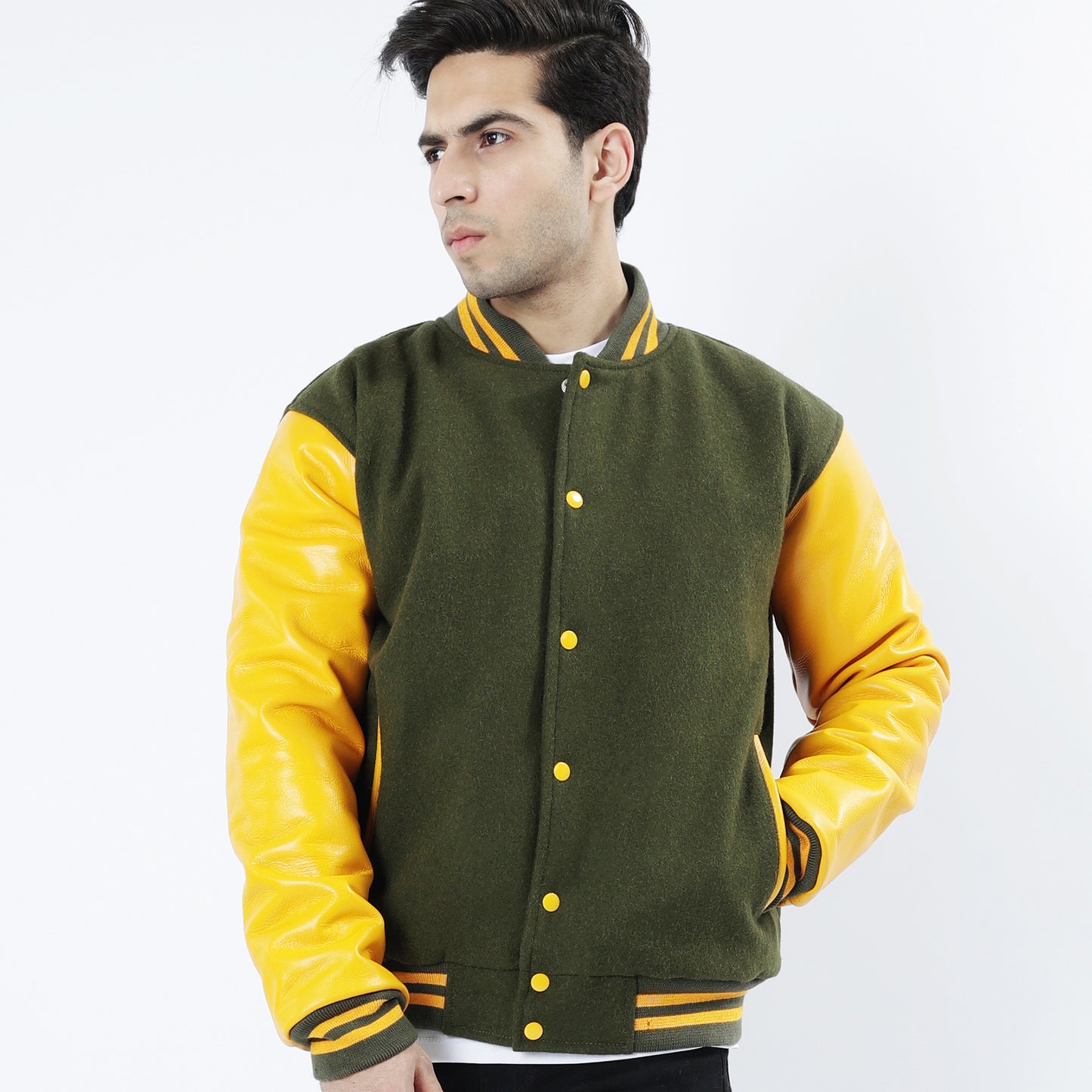 Green And Yellow Letterman Jacket Leather Arms And Wool Body