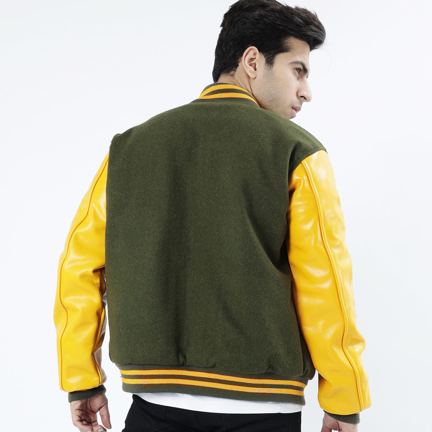 Green And Yellow Letterman Jacket Leather Arms And Wool Body
