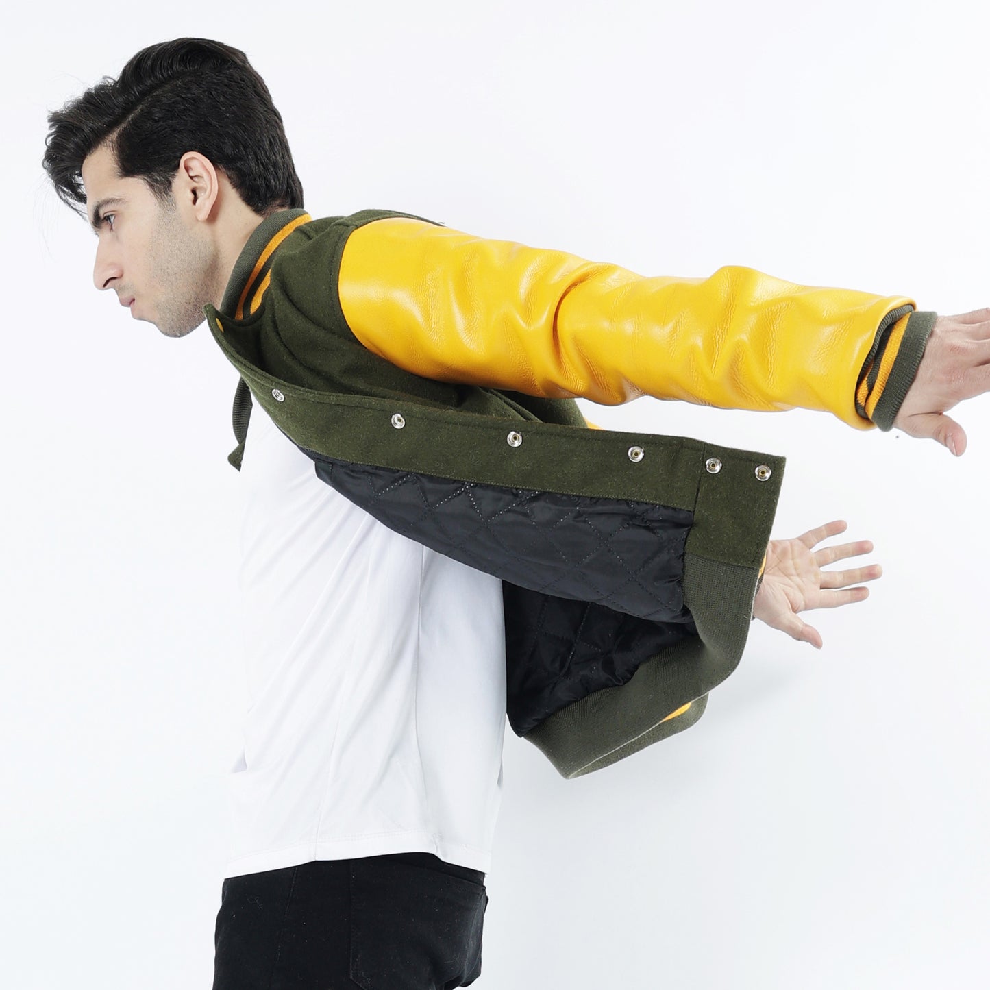Green And Yellow Letterman Jacket Leather Arms And Wool Body