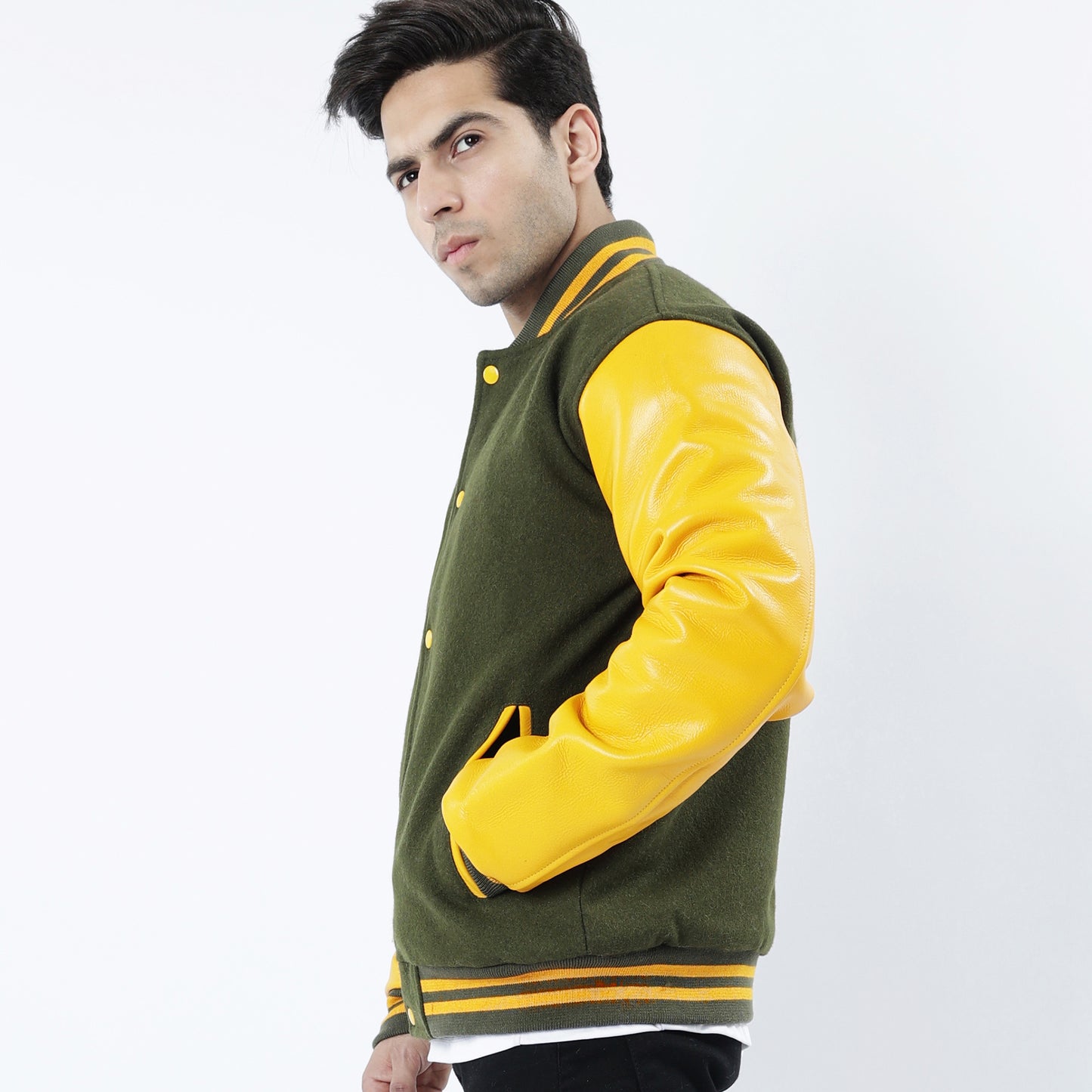 Green And Yellow Letterman Jacket Leather Arms And Wool Body