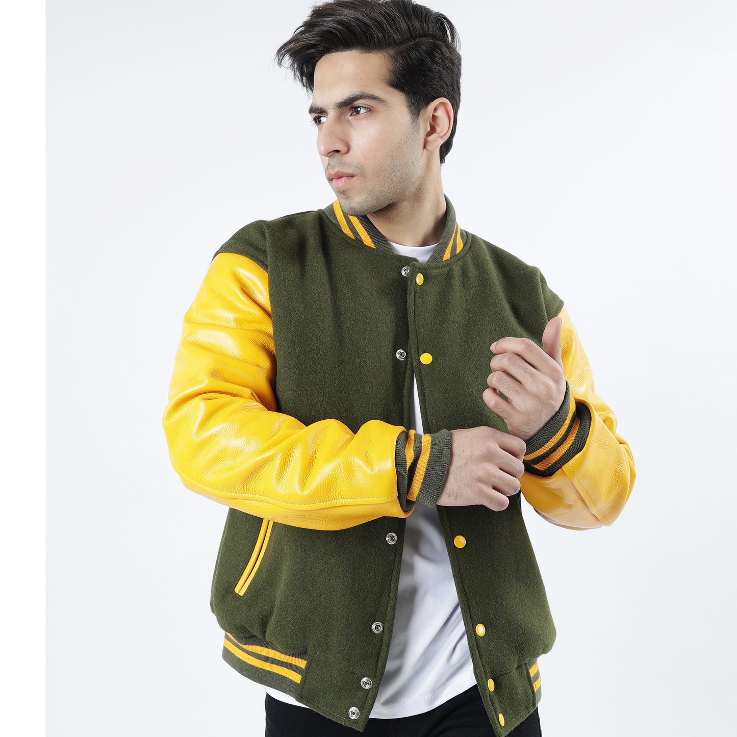 Green And Yellow Letterman Jacket Leather Arms And Wool Body