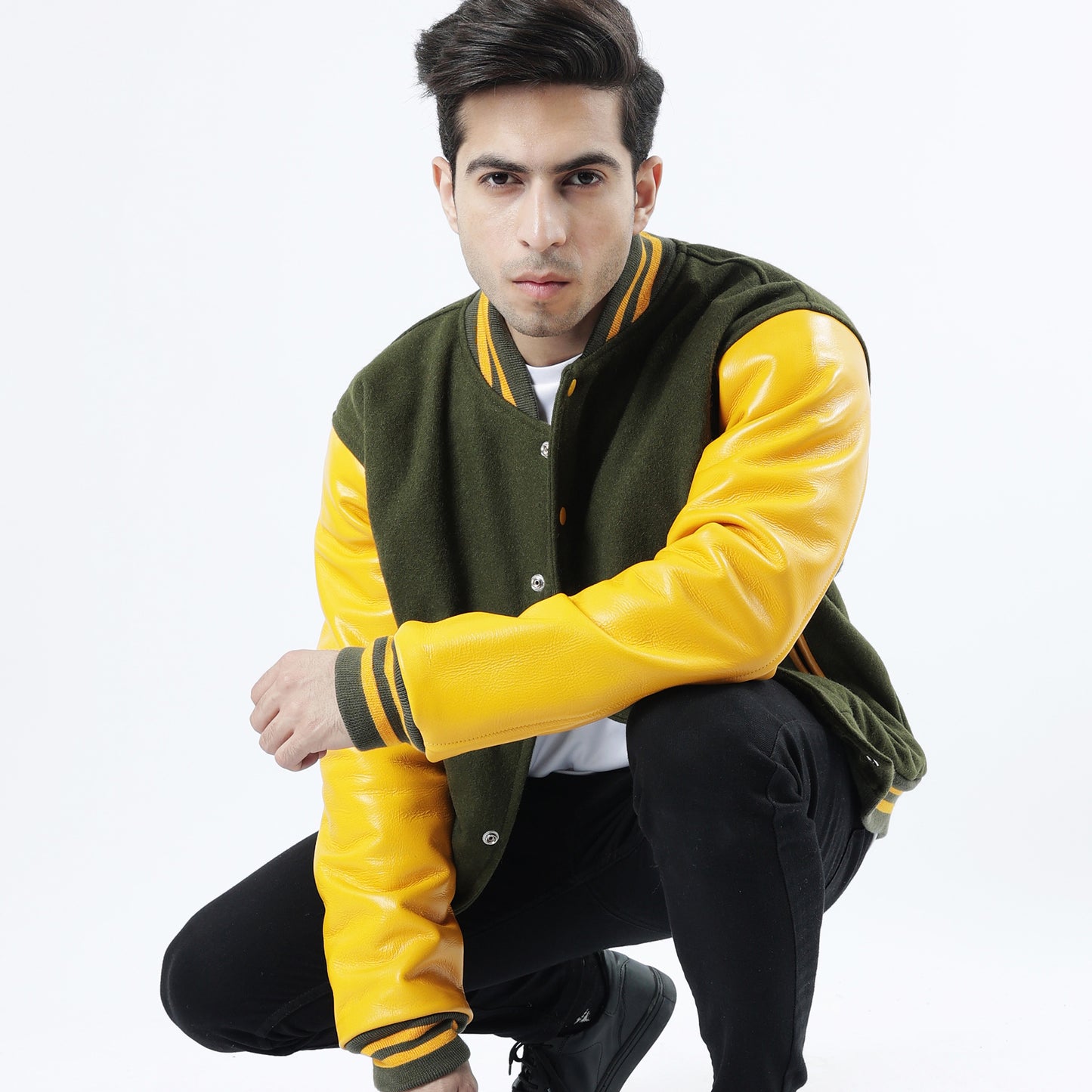 Green And Yellow Letterman Jacket Leather Arms And Wool Body