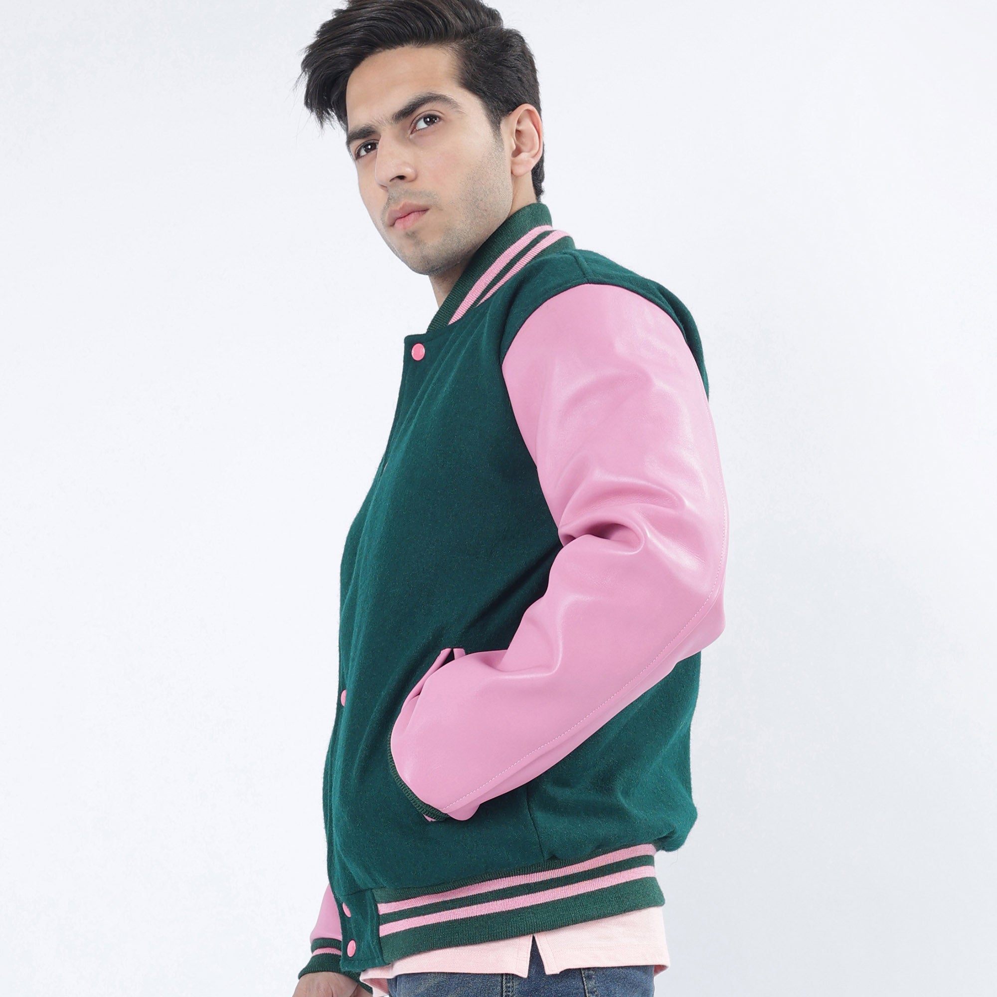 Dark Green Baseball Varsity Letterman Jacket Leather Arms And Wool Body