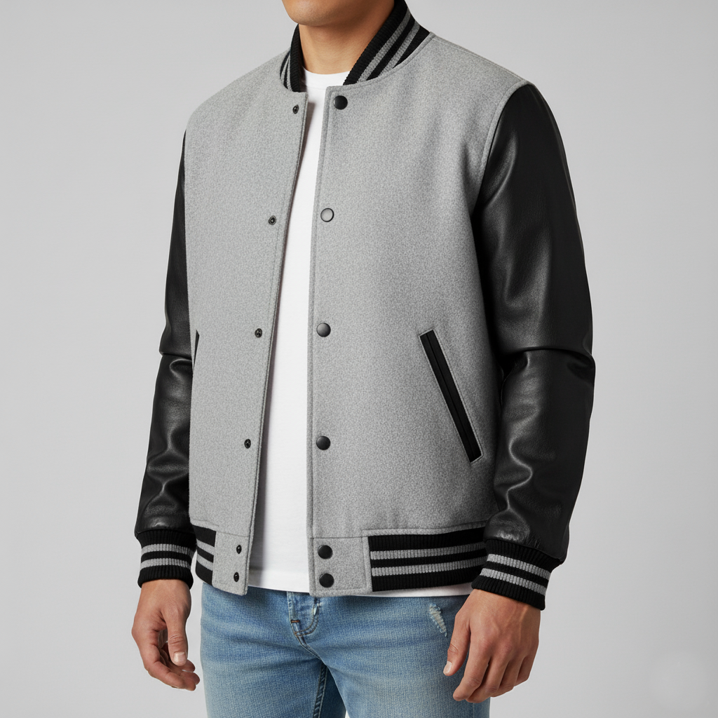 Gray varsity jacket with black sleeves and trim on a gray background