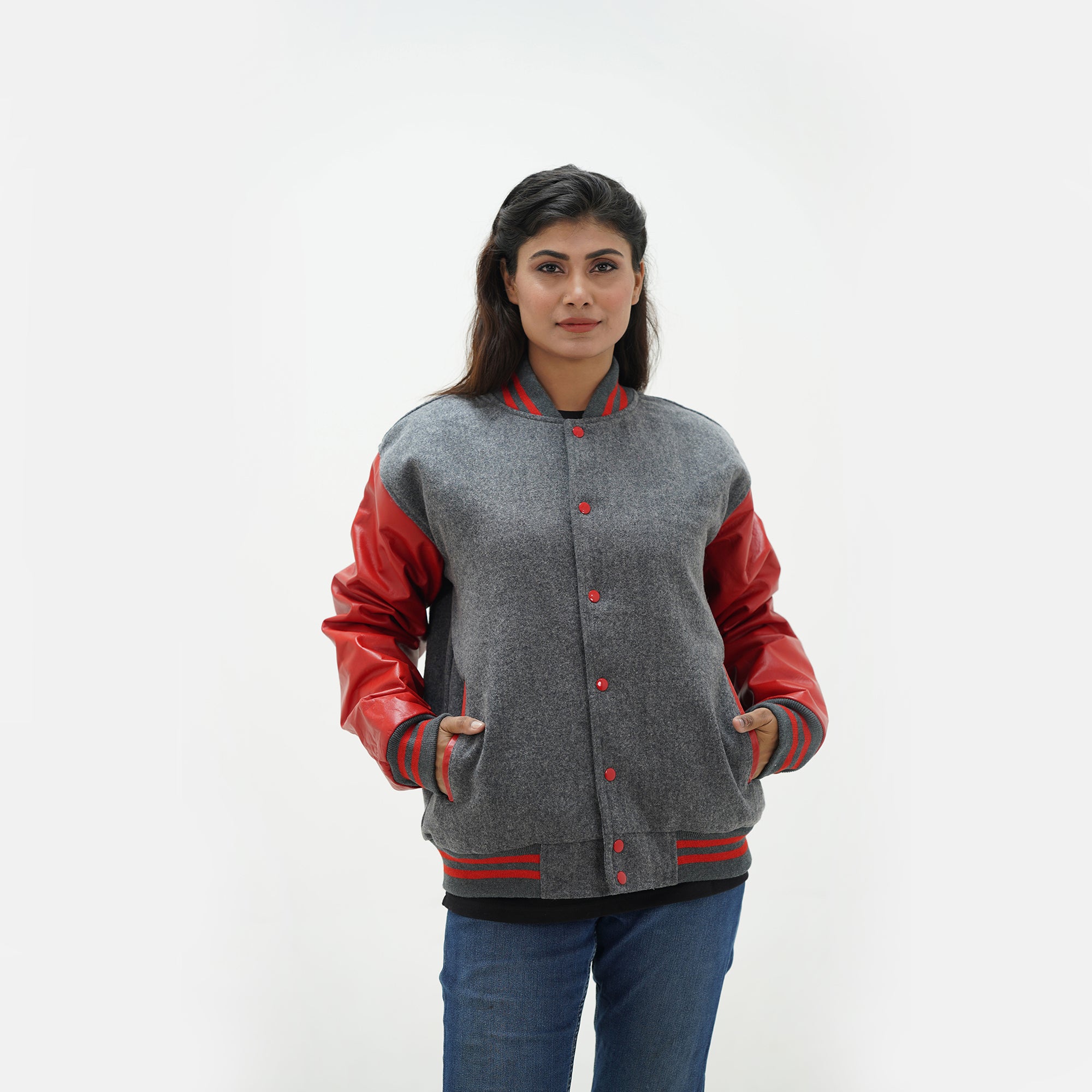 women's grey and red varsity jacket showing ribbed waistband, red genuine leather sleeves, and premium wool construction