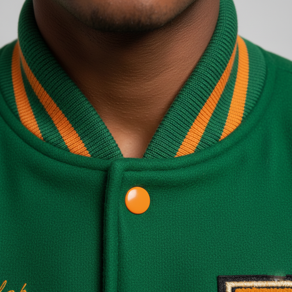 Green varsity jacket with orange accents and a button, close-up view.