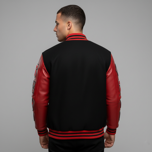 Back view of Heartbreaker varsity jacket featuring chenille patches and snap closure with premium wool construction
