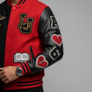 Close-up of Heartbreaker varsity jacket patch designs and bold student style details with premium comfort materials