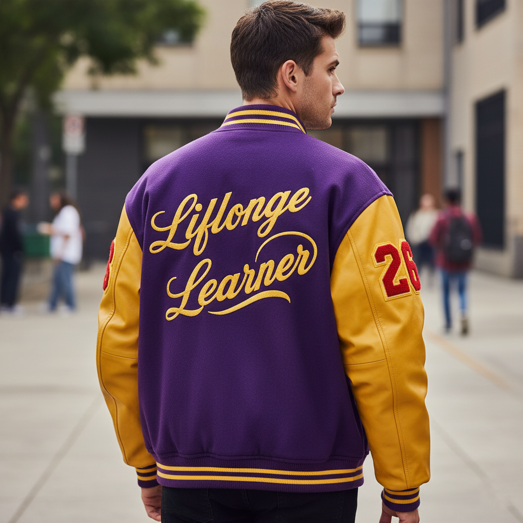 Person wearing a purple and yellow letterman jacket with 'Liflonge Learner' text on a city street.