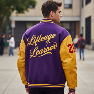 Person wearing a purple and yellow letterman jacket with 'Liflonge Learner' text on a city street.