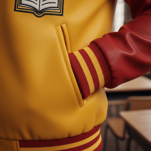 Close-up of a yellow and red varsity jacket with a book emblem on a blurred indoor background.