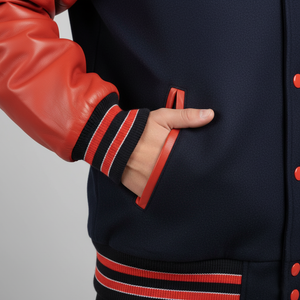 Person wearing a navy varsity jacket with red and blue accents on a gray background