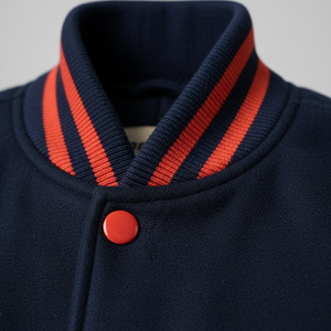 Navy blue jacket with red striped collar and button on a gray background