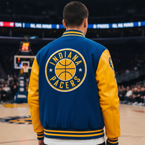 Person wearing an Indiana Pacers jacket on a basketball court