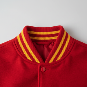 Red jacket with yellow striped collar on a light gray background