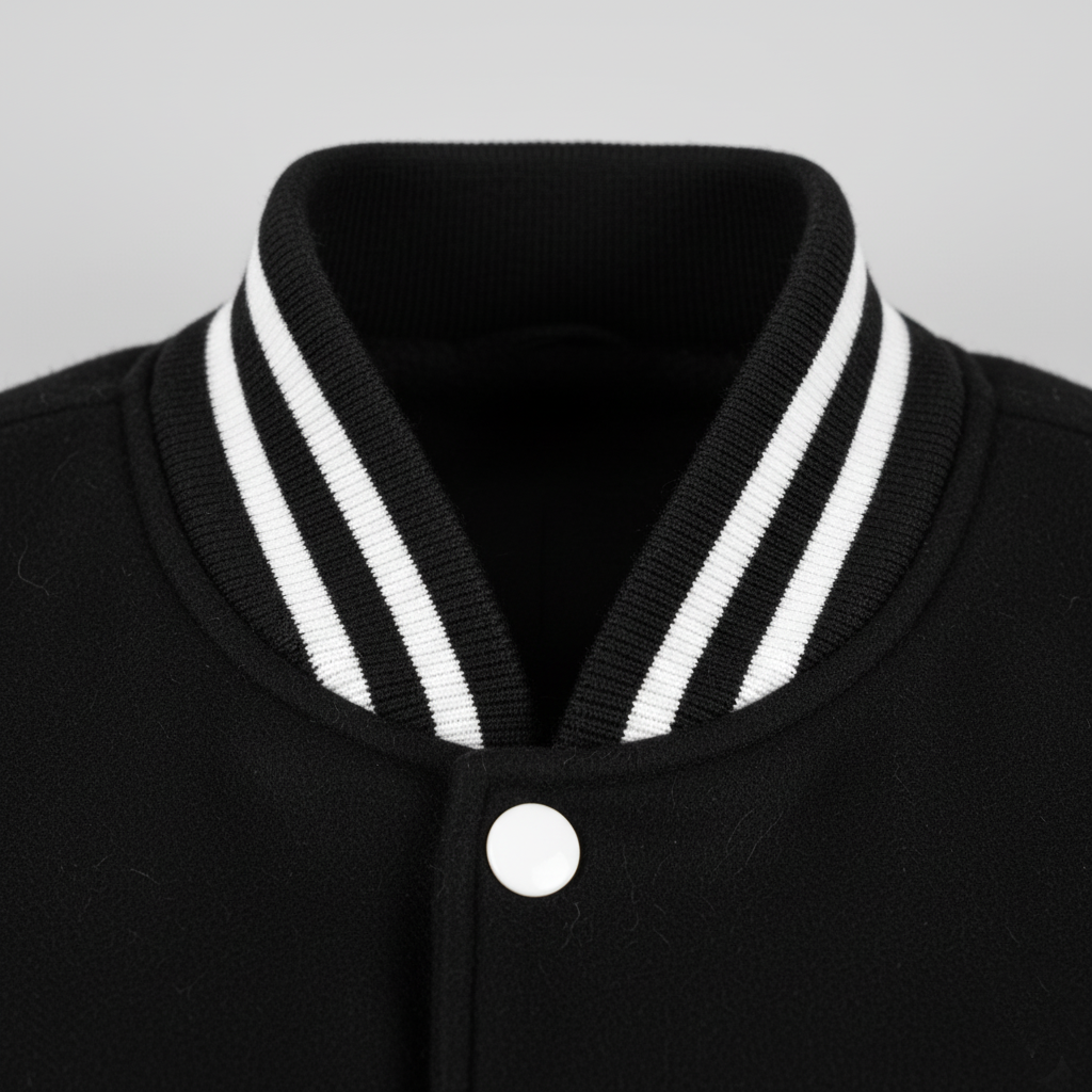 Black jacket with white striped collar on a gray background