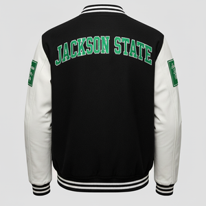 Black and white letterman jacket with 'Jackson State' text on the back against a gray background