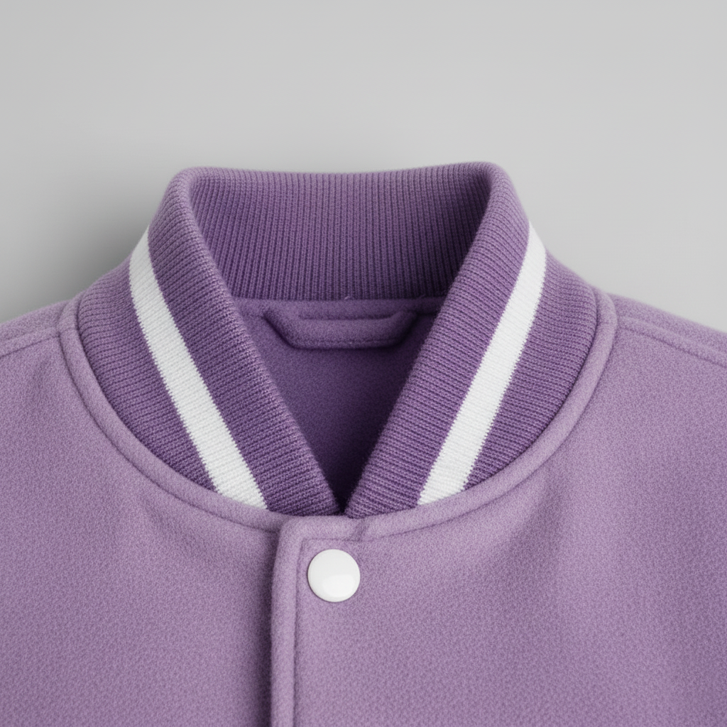 Close-up of a purple varsity jacket with white trim on a gray background