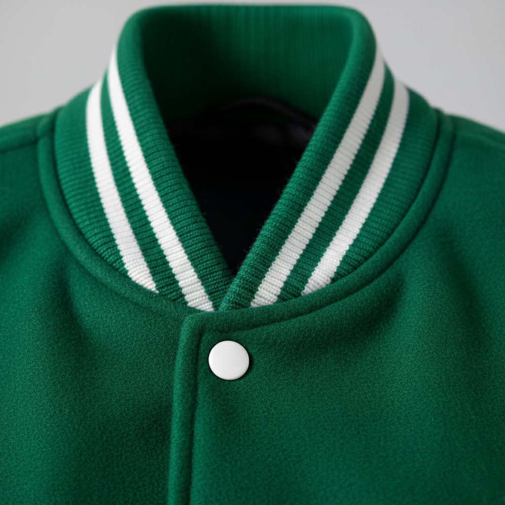 Green varsity jacket with white stripes on the collar against a gray background
